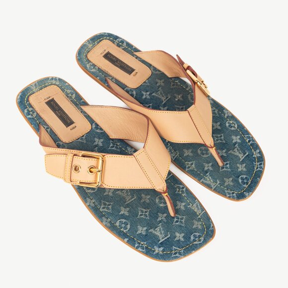 Louis Vuitton Natural Buckled-Leather & Monogram Denim Thong Sandals - Picture 1 of 11